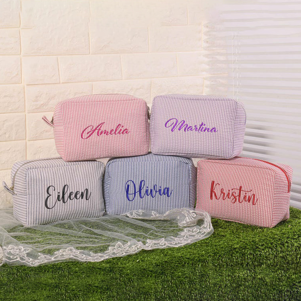 Personalized Embroidered Seersucker Cosmetic Bag | JNSBag67