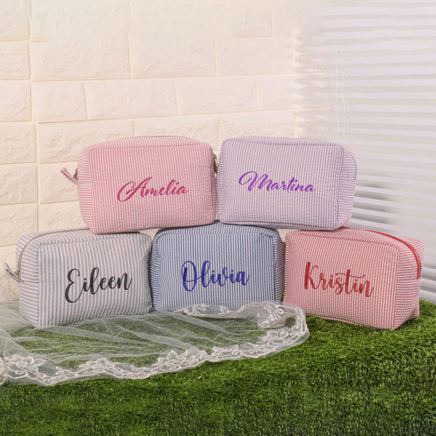 Personalized Embroidered Seersucker Cosmetic Bag | JNSBag67