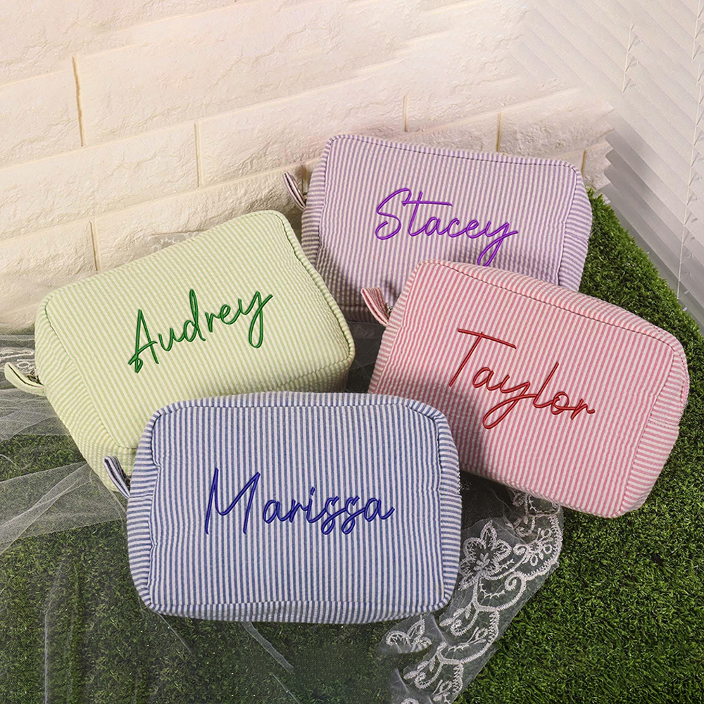 Personalized Embroidered Seersucker Cosmetic Bag | JNSBag67