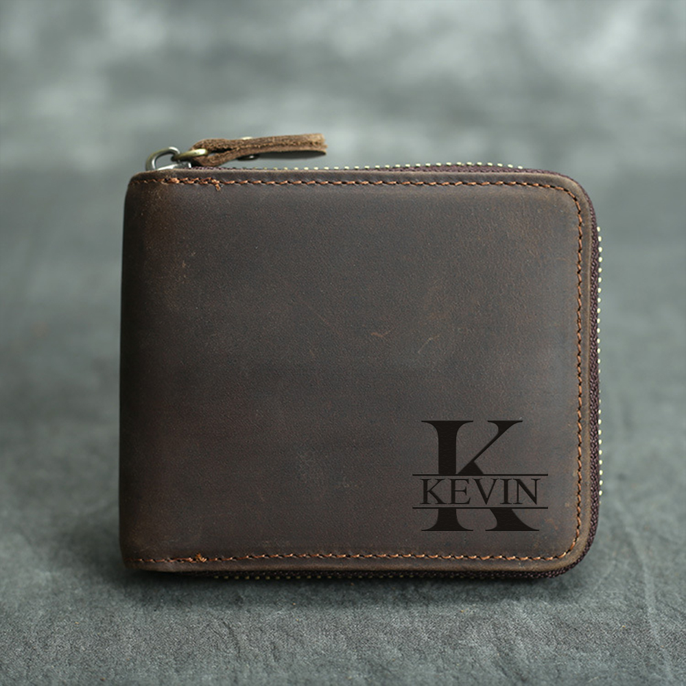Personalized Monogram Engraving Zipper Genuine Leather Wallet | JNSBag82