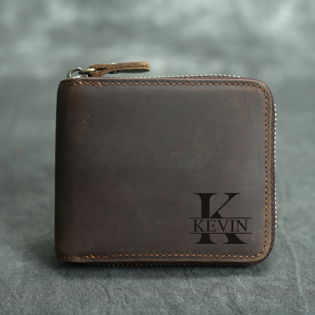 Personalized Monogram Engraving Zipper Genuine Leather Wallet | JNSBag82