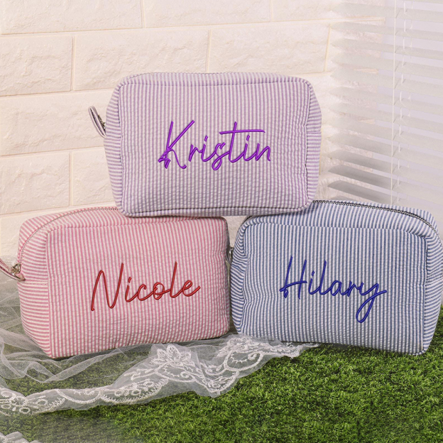 Personalized Embroidered Seersucker Cosmetic Bag | JNSBag67