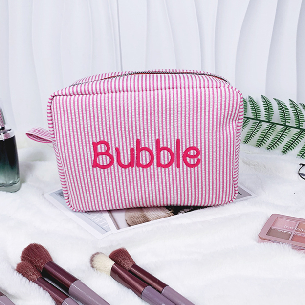 Personalized Embroidered Seersucker Cosmetic Bag | JNSBag67