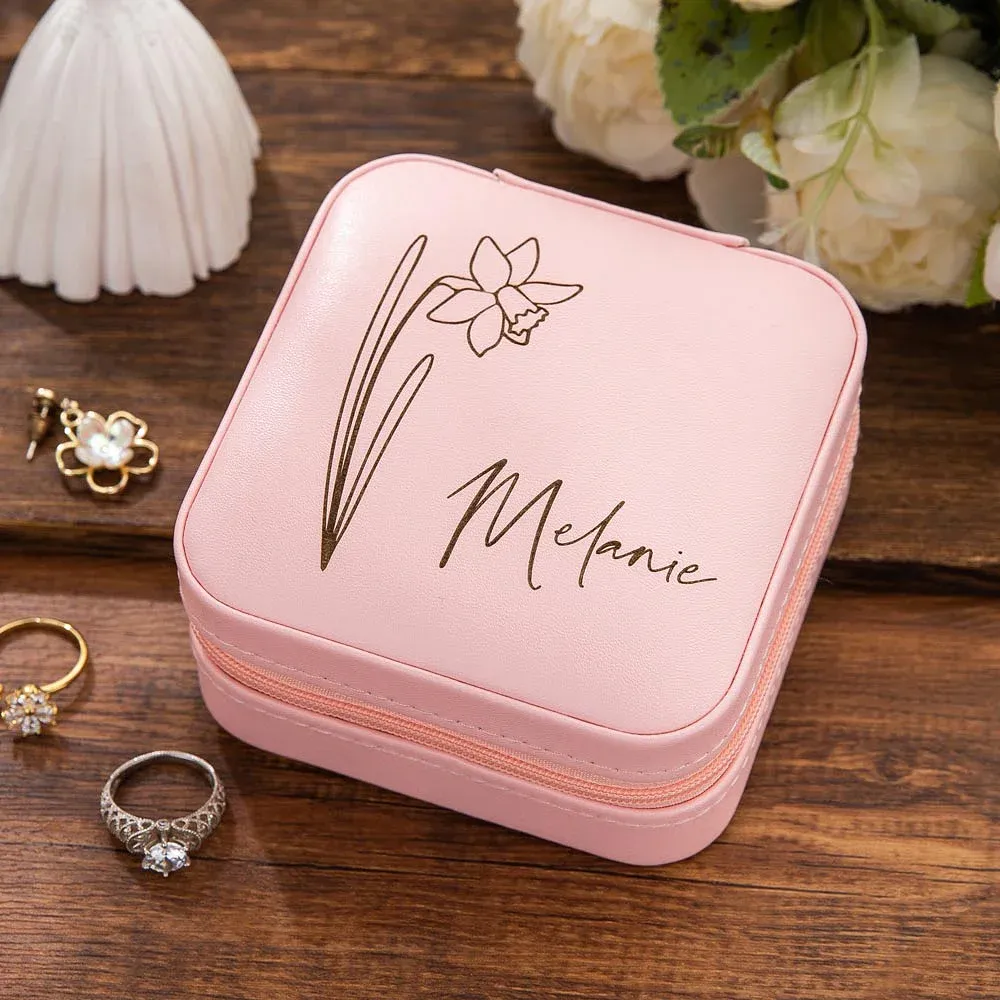 Personalized Leather Birth Flower Travel Jewelry Box for Unique & Love