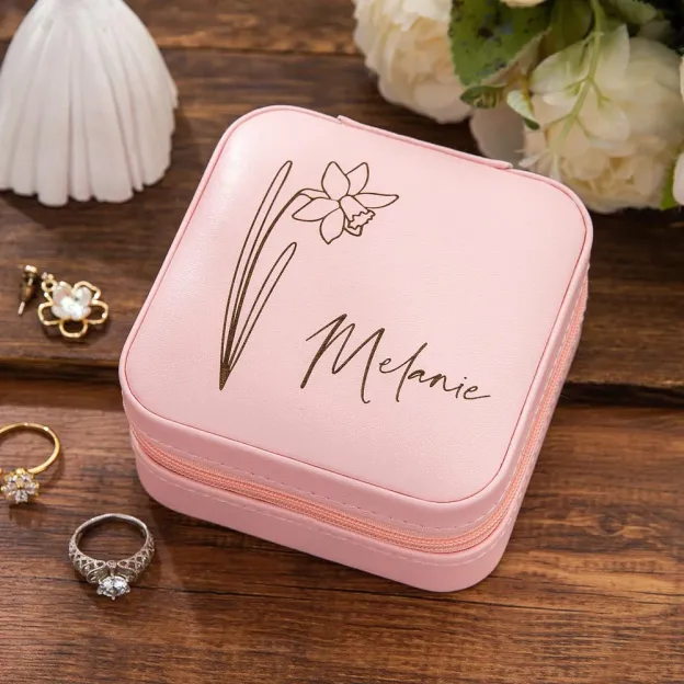 Personalized Leather Birth Flower Travel Jewelry Box for Unique & Love | JNSBag11