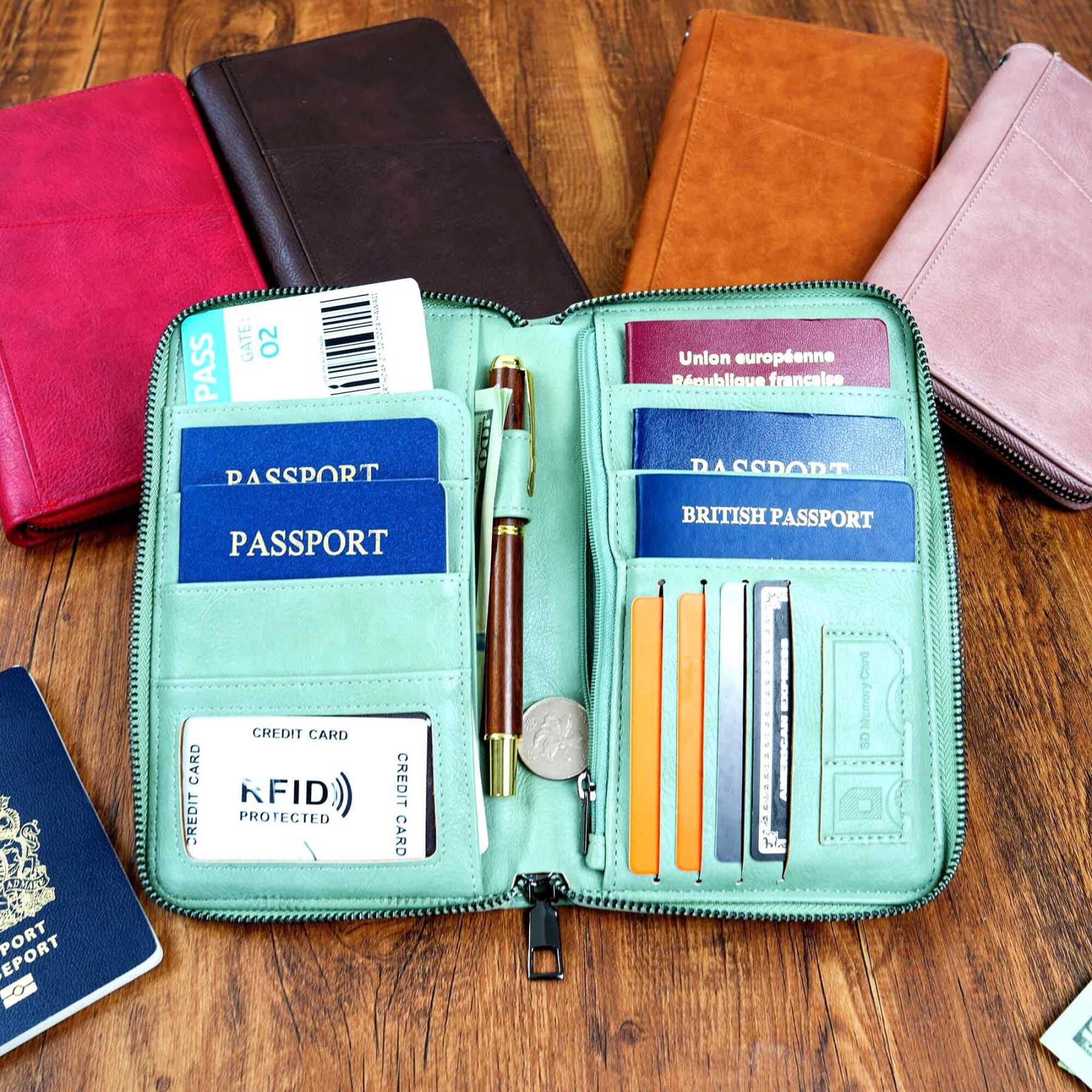 Personalized Leather Family Travel RFID Blocking Passport Wallet Organizer with 5 Passport Holder | JNSCase12