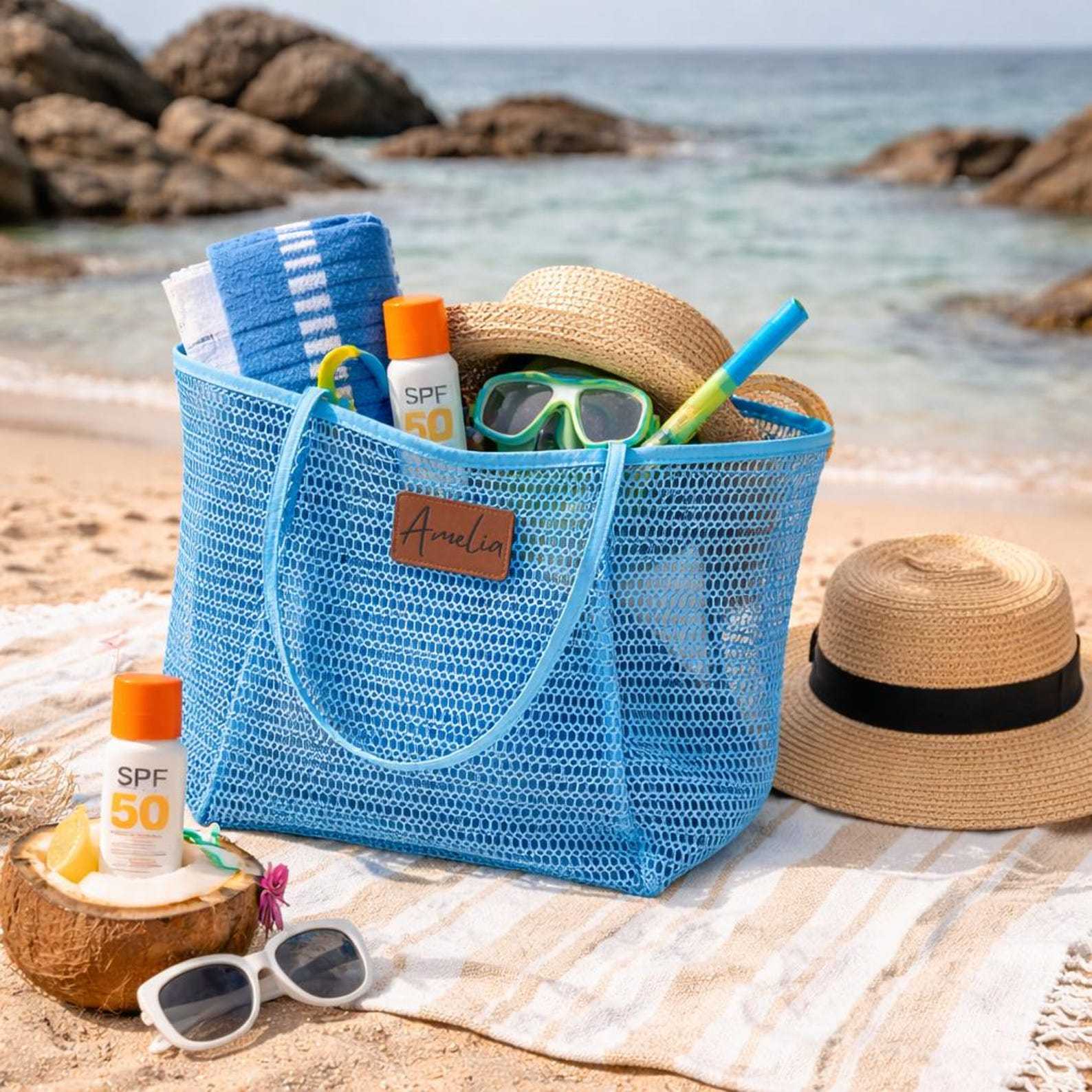 Personalized Name Leather Patch Beach Tote Bag for Unique & Love | JNSBag124