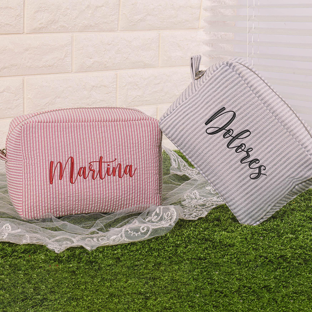 Personalized Embroidered Seersucker Cosmetic Bag | JNSBag67