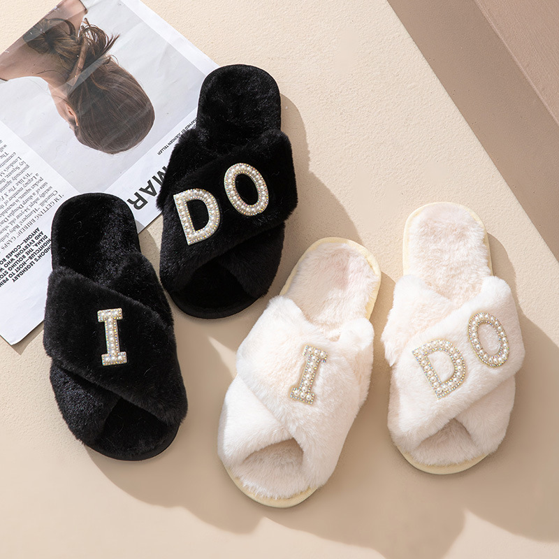 Personalized Bride Gift Pearls Rhinestone Fluffy Slippers for Unique & Love | JNSCloth10