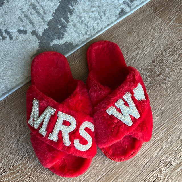 Personalized Bride Gift Pearls Rhinestone Fluffy Slippers for Unique & Love | JNSCloth10