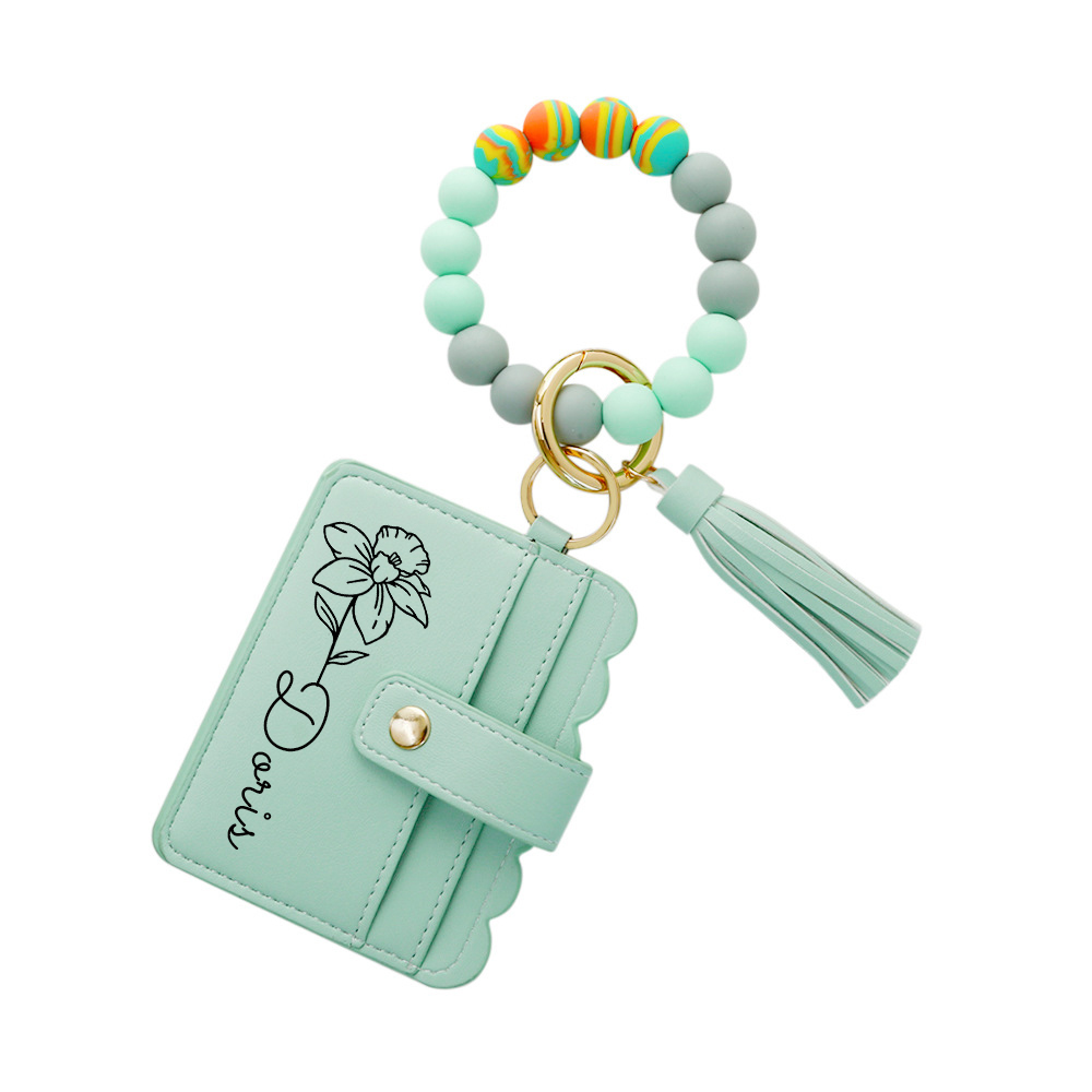 Personalized Birth Flower Keychain Leather Wallet with Beaded Bracelet for Unique & Love | JNSBag89