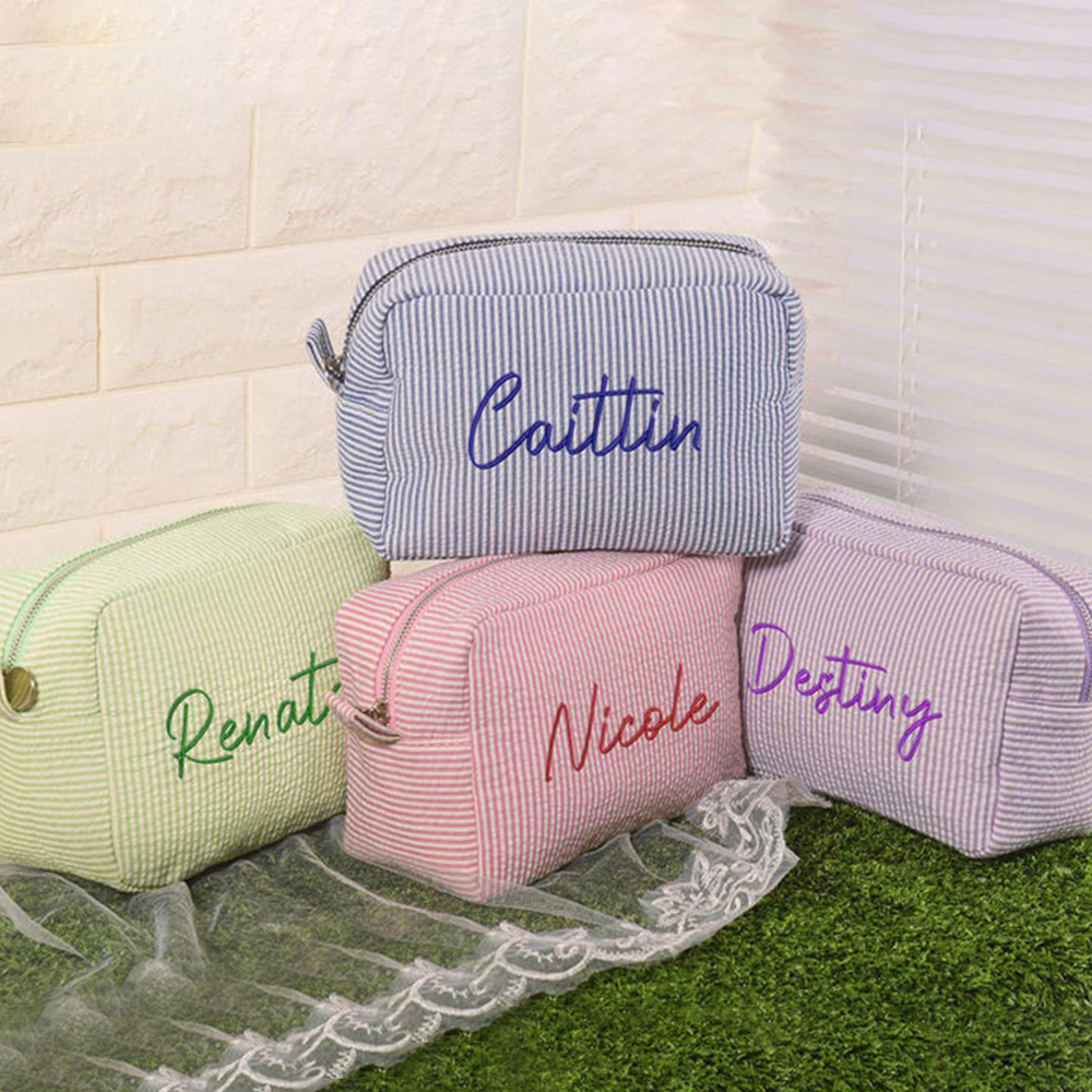 Personalized Embroidered Seersucker Cosmetic Bag | JNSBag67