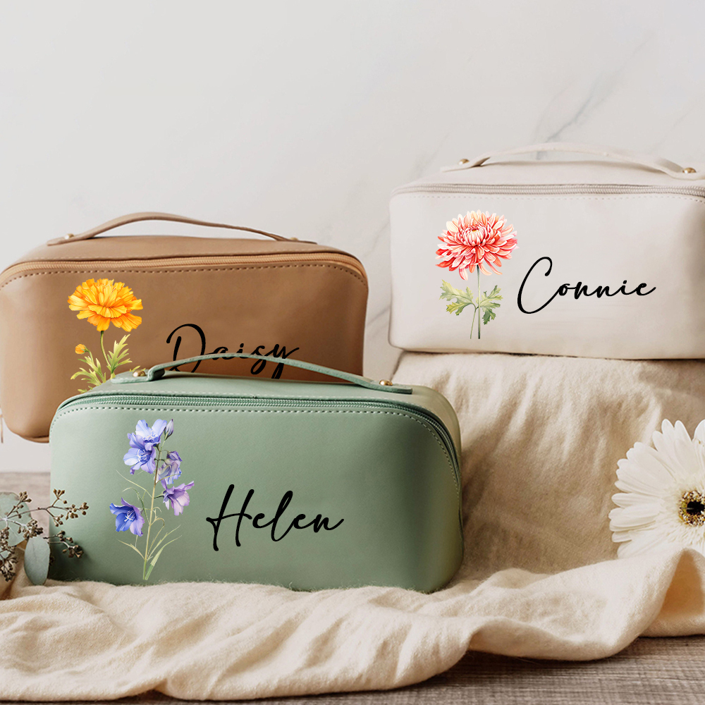 Personalized Birth Flower Leather Makeup Bag for Unique & Love | JNSBag88
