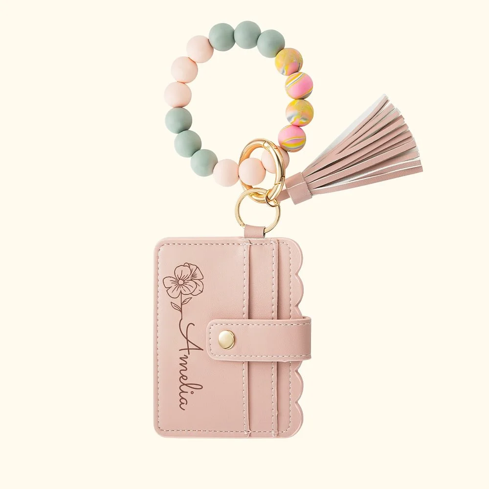Personalized Birth Flower Keychain Leather Wallet with Beaded Bracelet for Unique & Love | JNSBag89