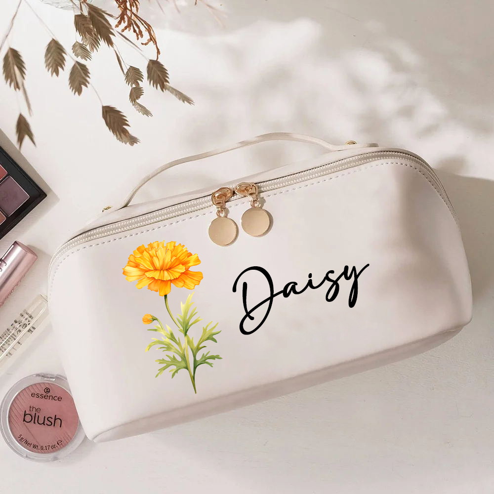 Personalized Birth Flower Leather Makeup Bag for Unique & Love | JNSBag88