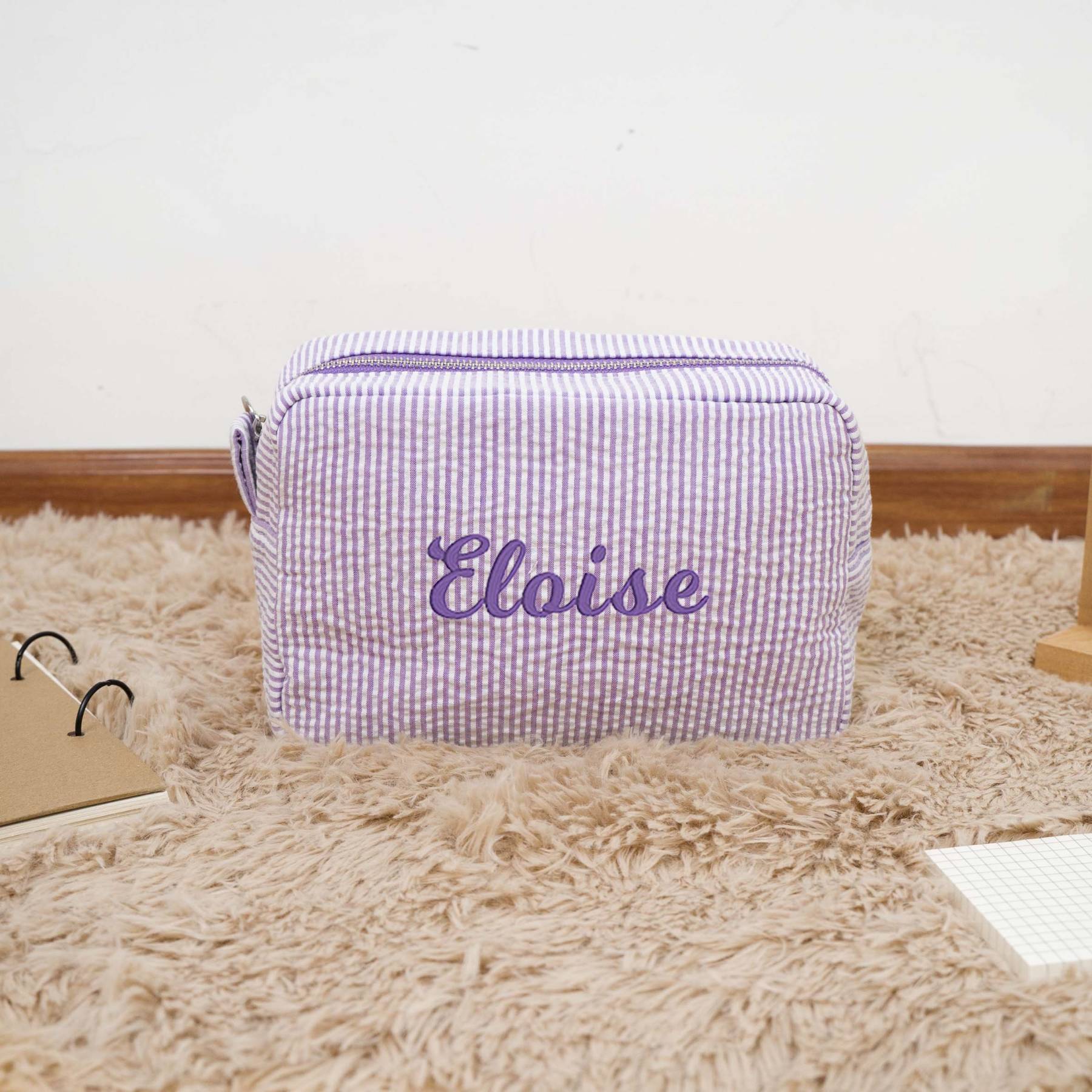 Personalized Embroidered Seersucker Cosmetic Bag | JNSBag67