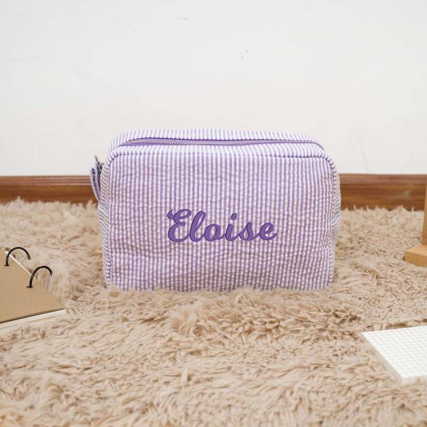 Personalized Embroidered Seersucker Cosmetic Bag | JNSBag67