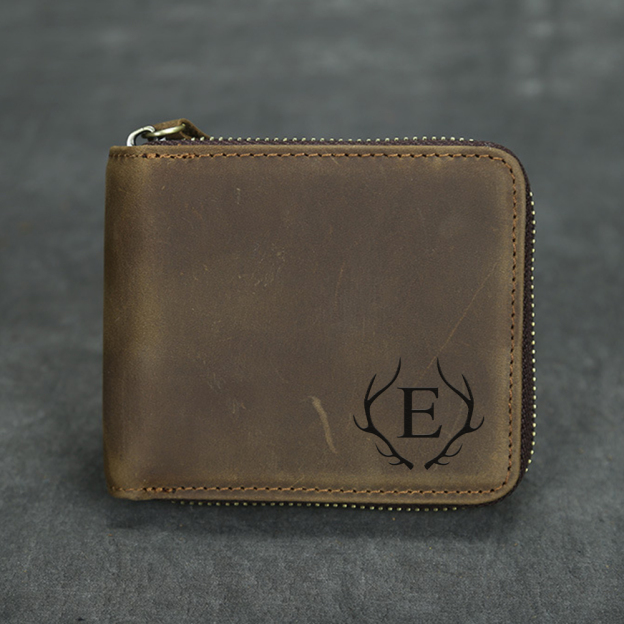 Personalized Monogram Engraving Zipper Genuine Leather Wallet | JNSBag82