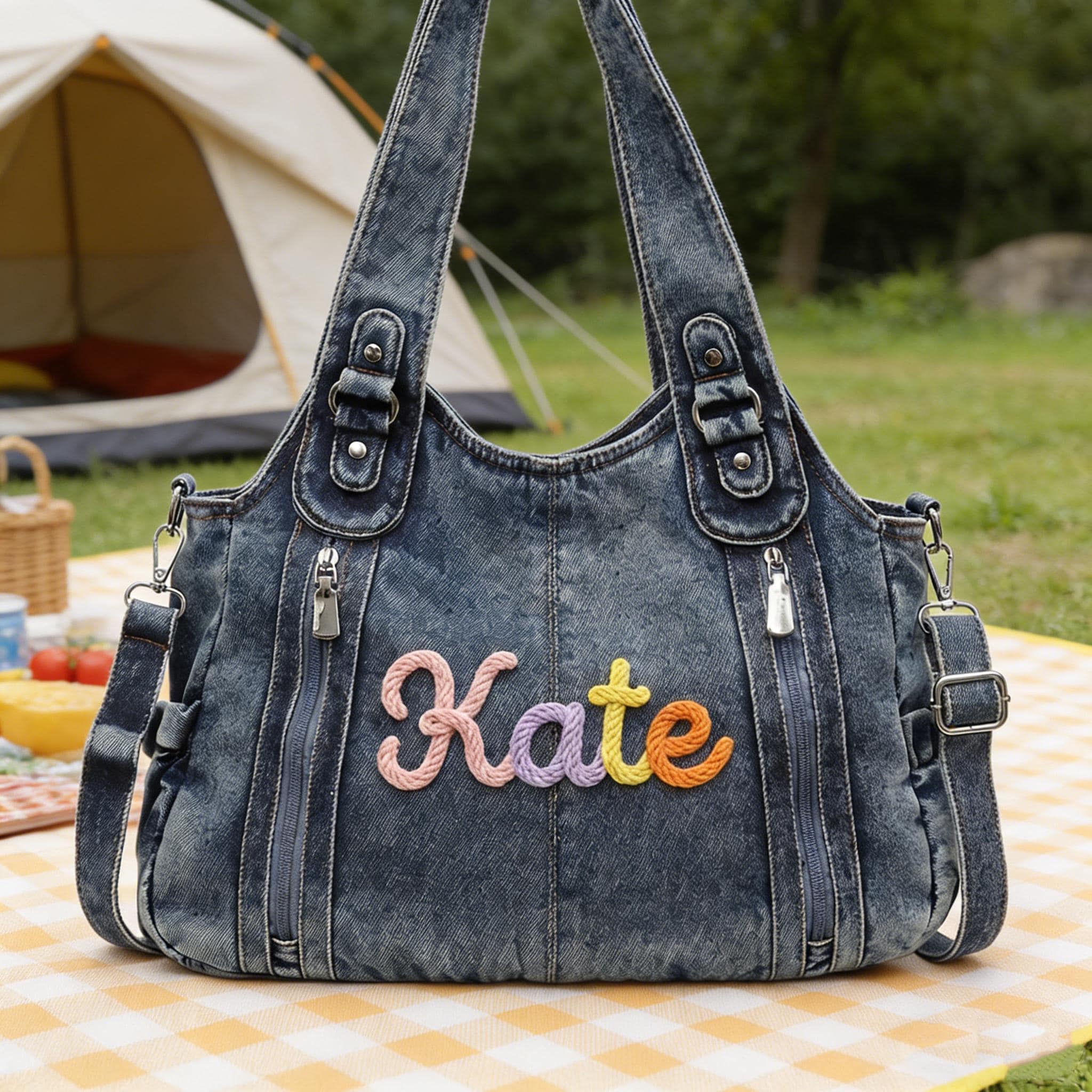 Personalized Hand Embroidered Retro Denim Tote Bag  for Unique & Love | JNSBag144