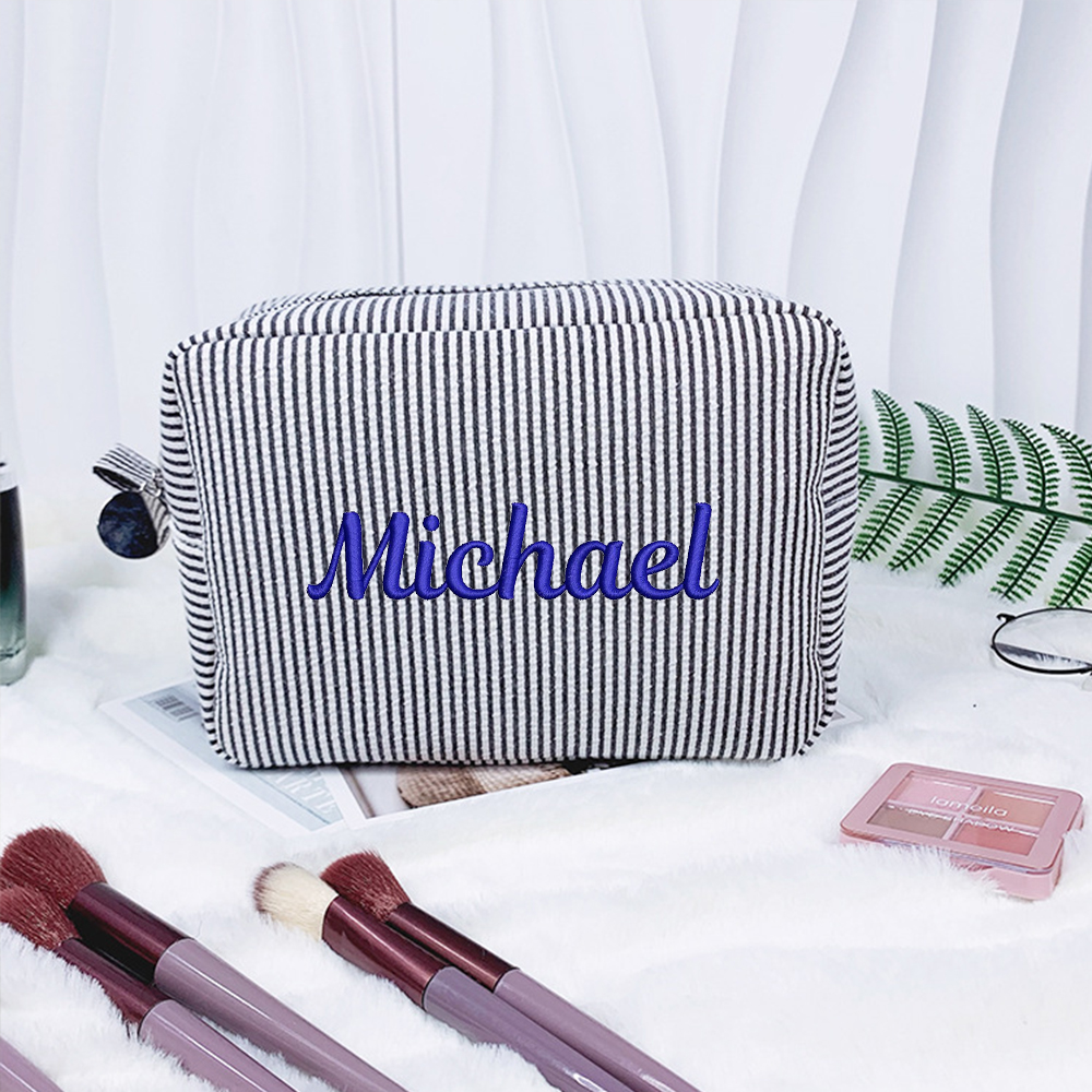 Personalized Embroidered Seersucker Cosmetic Bag | JNSBag67