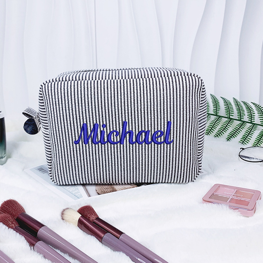 Personalized Embroidered Seersucker Cosmetic Bag | JNSBag67