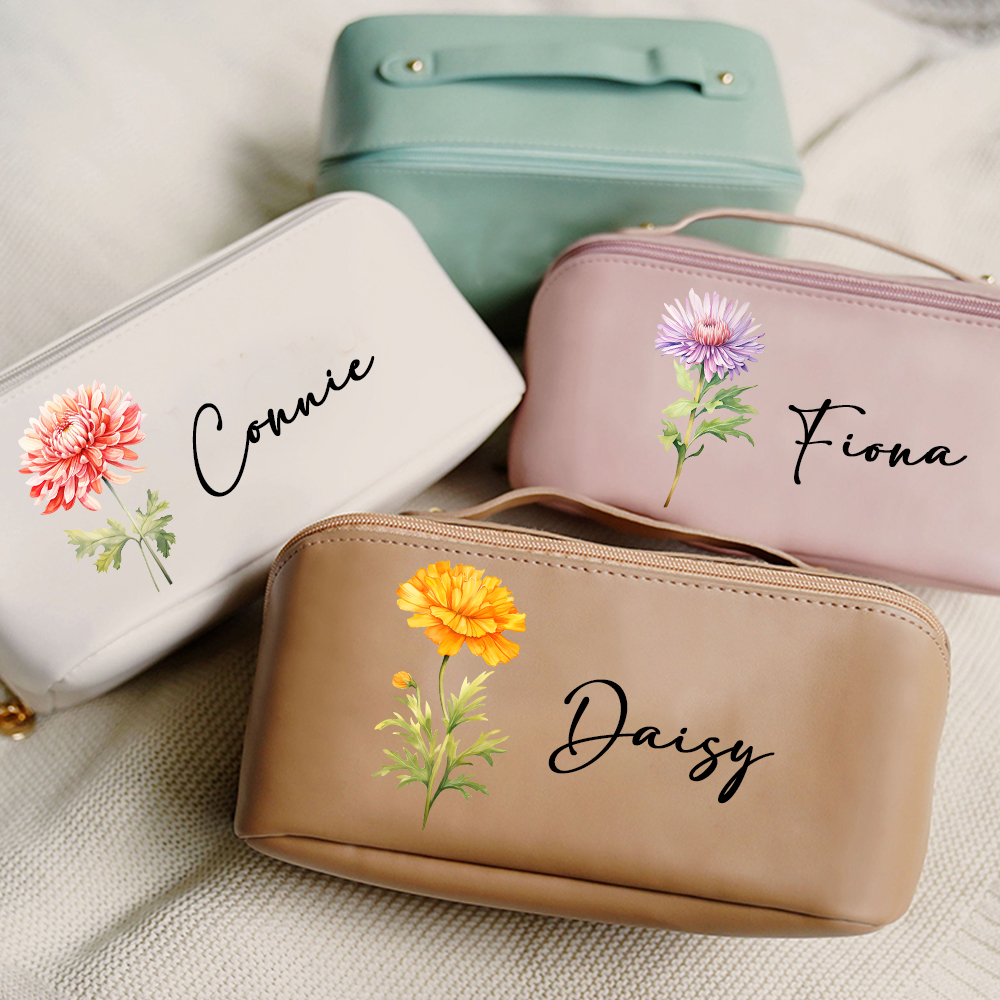 Personalized Birth Flower Leather Makeup Bag for Unique & Love | JNSBag88