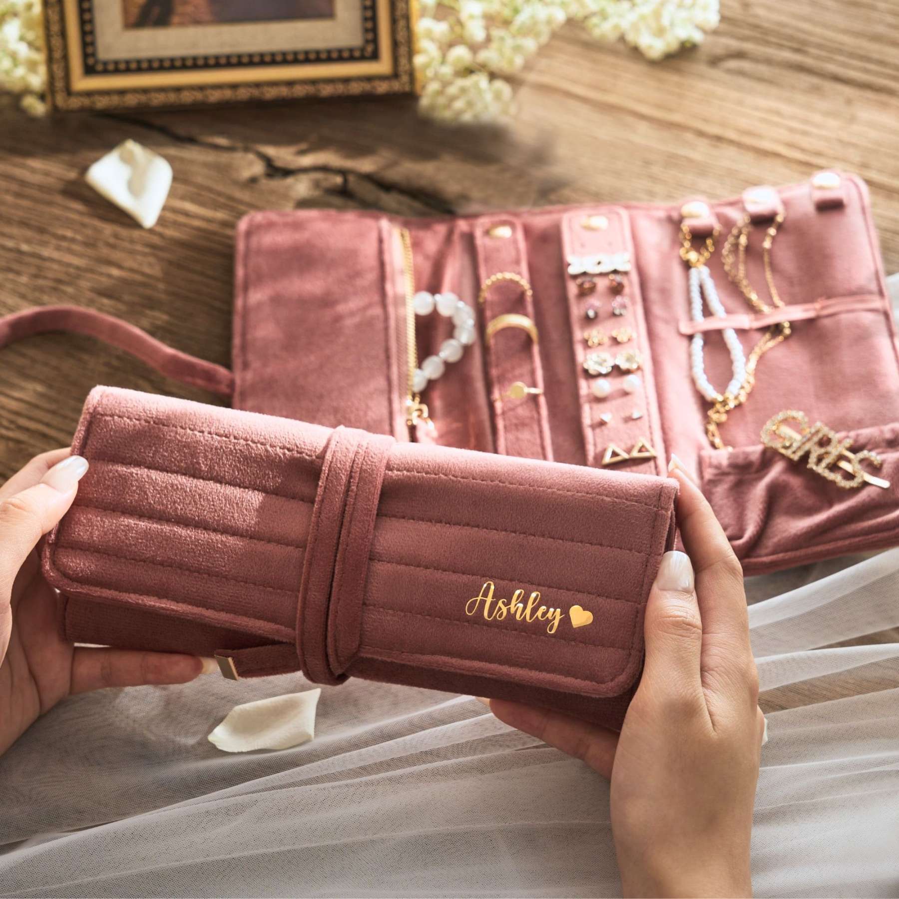 Personalized Monogrammed Velvet Travel Jewelry Rolls | JNSBag77
