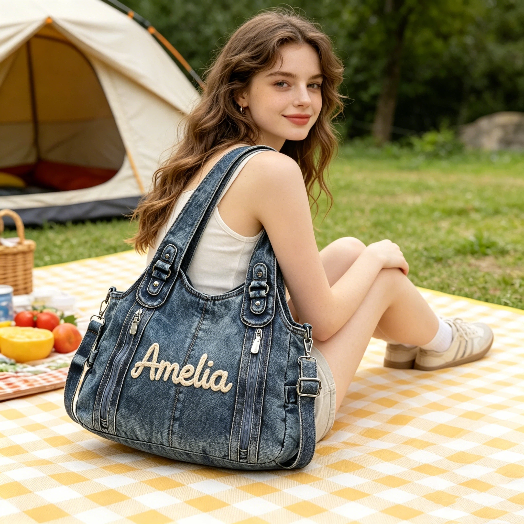 Personalized Hand Embroidered Retro Denim Tote Bag  for Unique & Love | JNSBag144