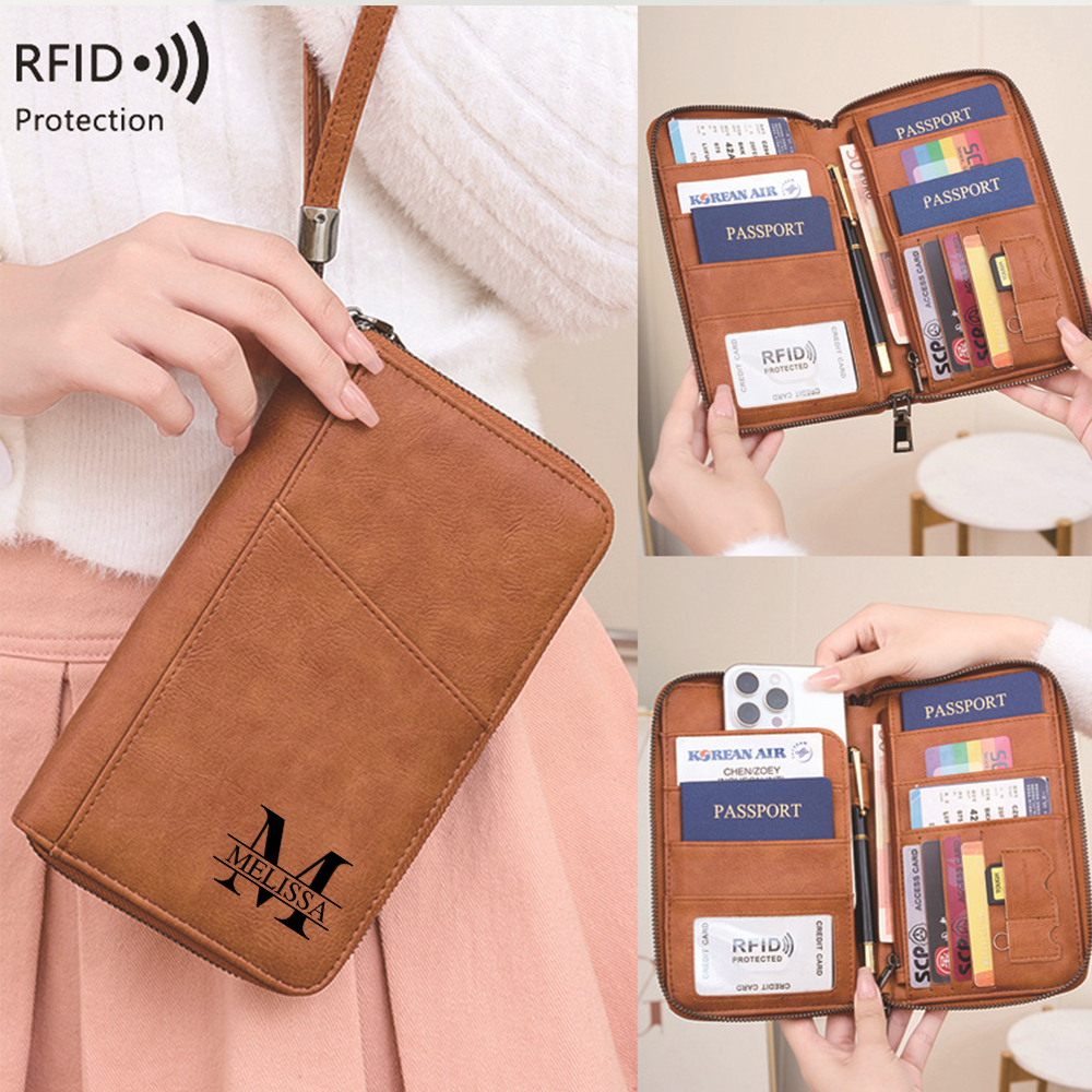 Personalized Leather Family Travel RFID Blocking Passport Wallet Organizer