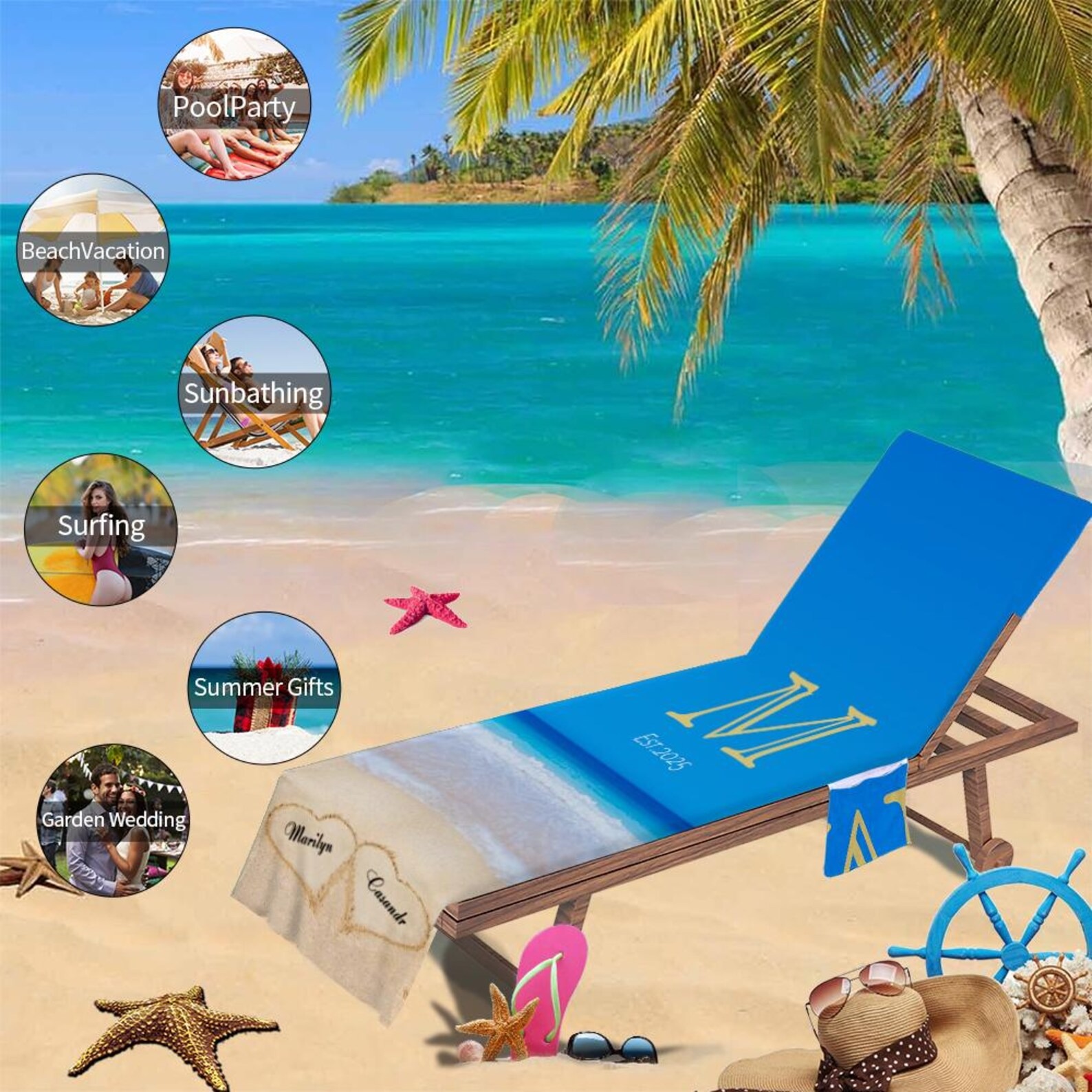 Personalized Name Beach Chair Cover Towel with Side Pockets for Unique & Love | JNSTowel07