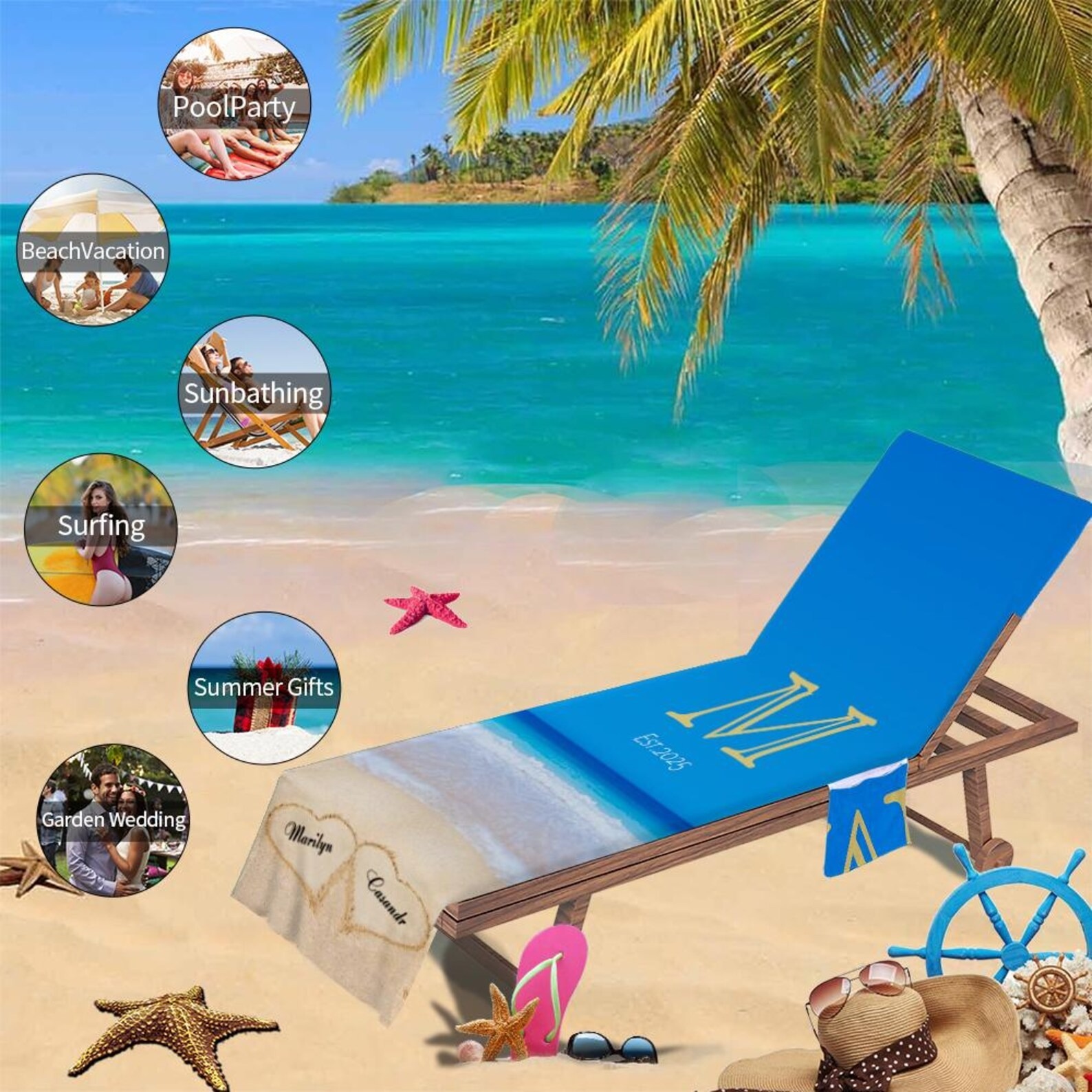 Personalized Name Beach Chair Cover Towel with Side Pockets for Unique & Love | JNSTowel07