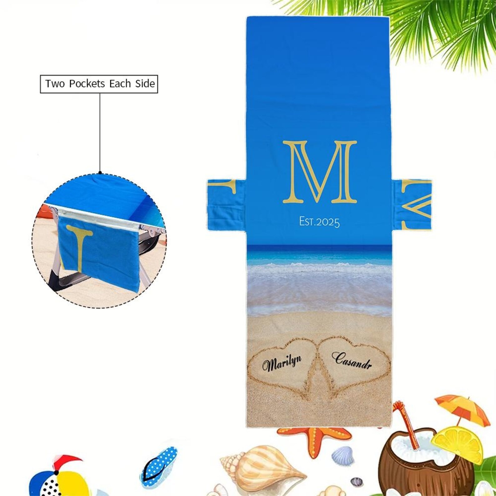 Personalized Name Beach Chair Cover Towel with Side Pockets for Unique & Love | JNSTowel07