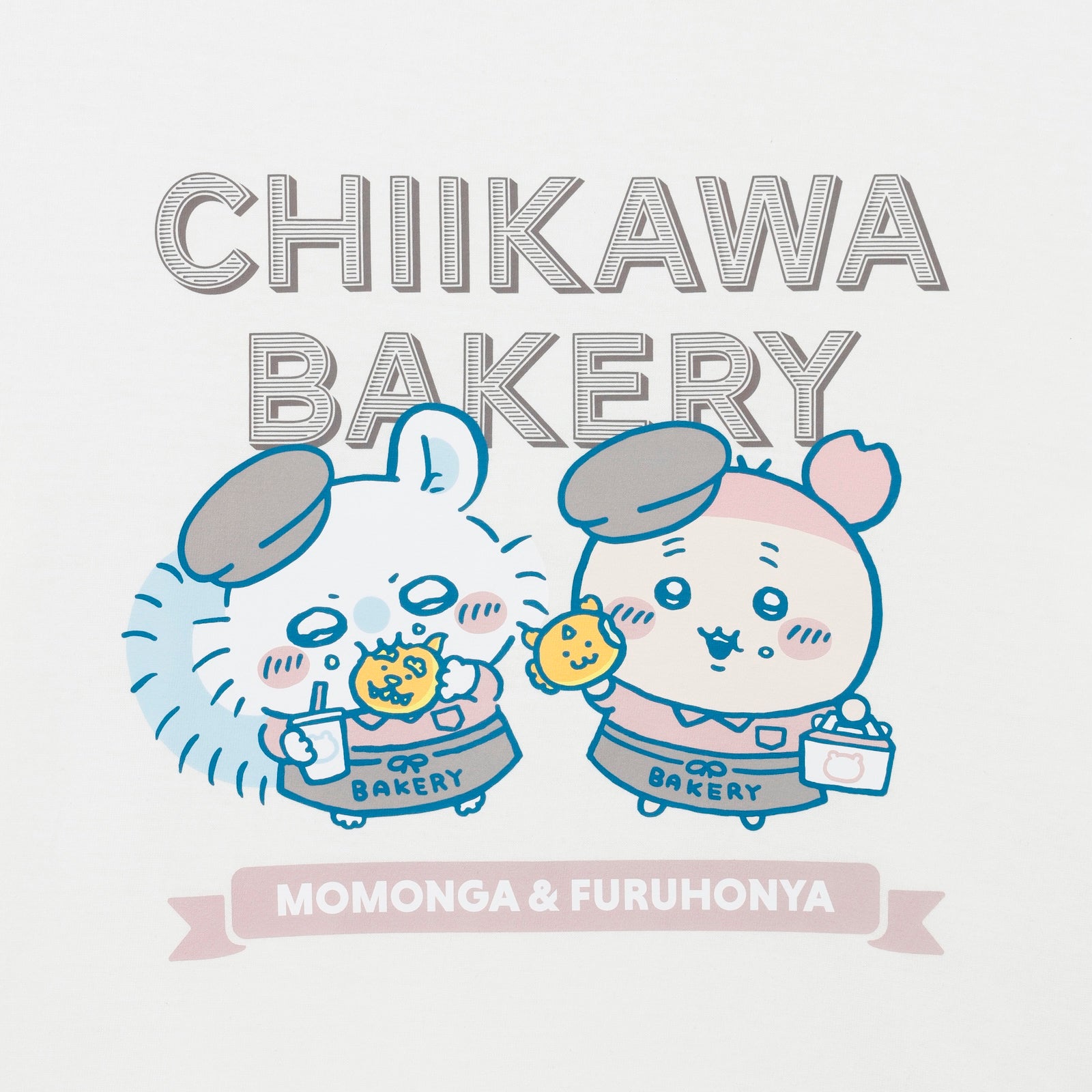 [Pre-order] "Chiikawa" Chiikawa Bakery T-shirt Momonga and Furuhonya - Vanilla White