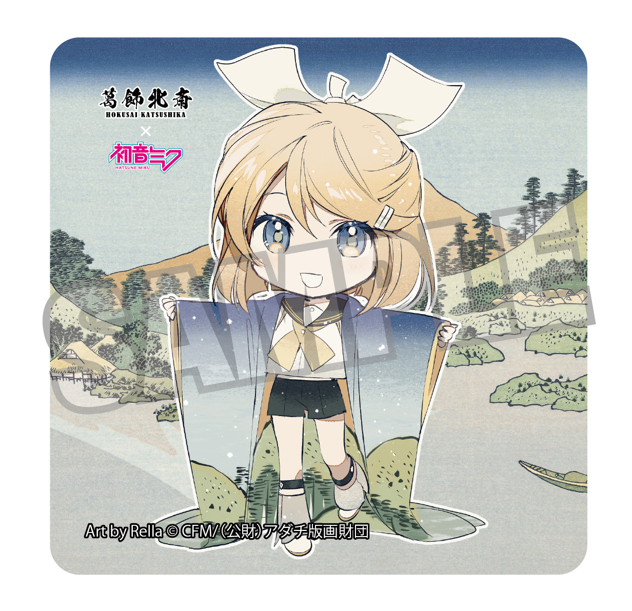 Hokusai Katsushika x Hatsune Miku Rella Sticker Kagamine Rin Mini Character Reflection in Lake at Misaka in Kai Province