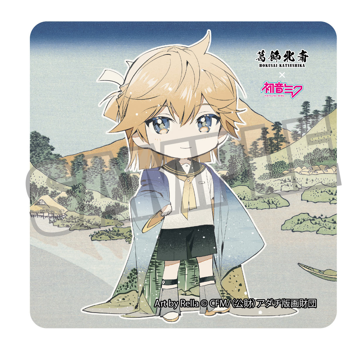 Hokusai Katsushika x Hatsune Miku Rella Sticker Kagamine Len Mini Character Reflection in Lake at Misaka in Kai Province