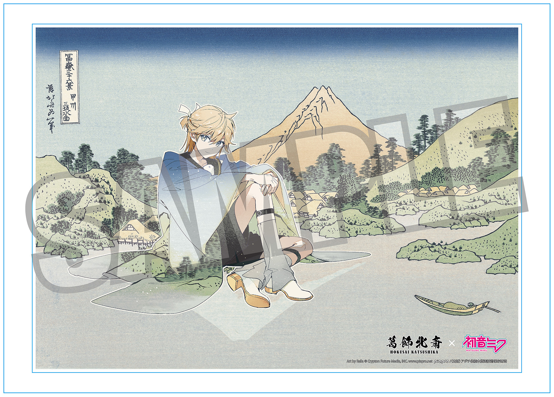 Hokusai Katsushika x Hatsune Miku by Rella A3 Acrylic Panel with Serial Number Kagamine Len Reflection in Lake at Misaka in Kai Province