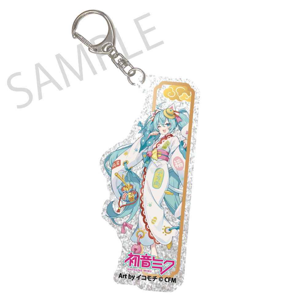 Hatsune Miku x Maneki-neko x Midsummer in Kumagaya Silver Background Acrylic Key Chain Hatsune Miku White Cat Art by Icomochi