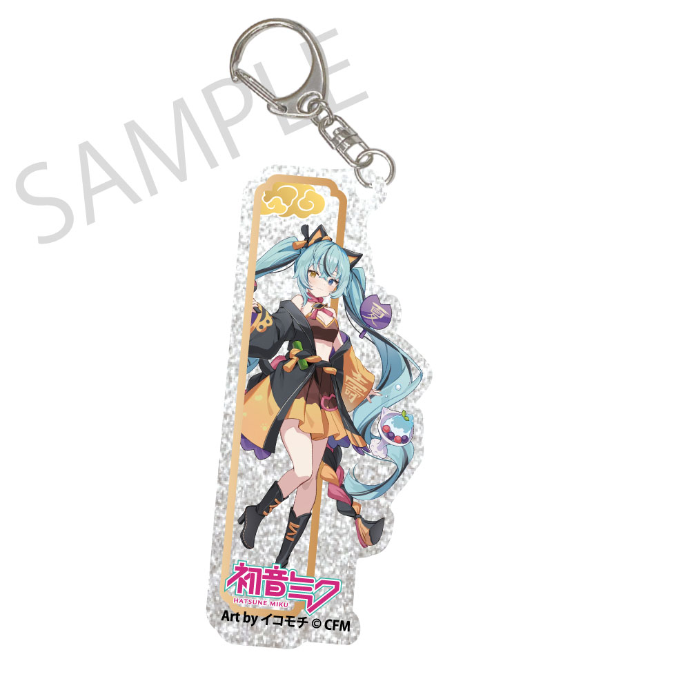 Hatsune Miku x Maneki-neko x Midsummer in Kumagaya Silver Background Acrylic Key Chain Hatsune Miku Black Cat Art by Icomochi