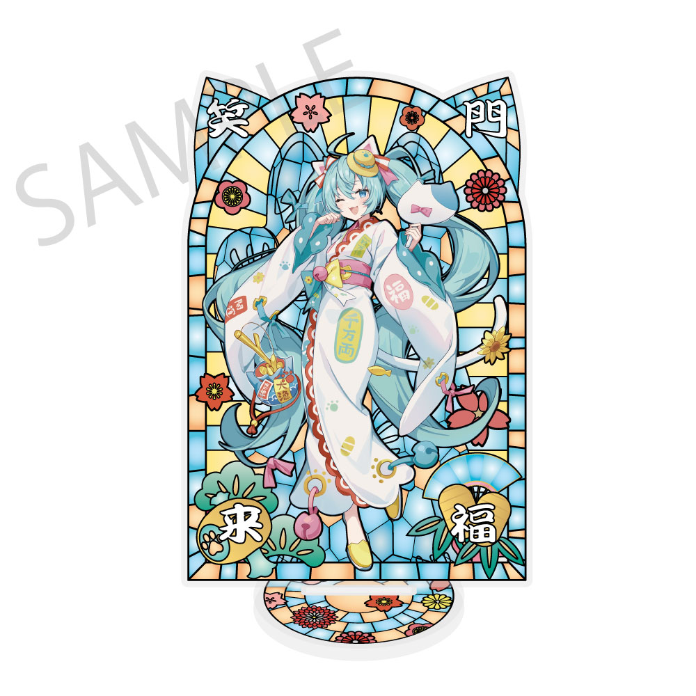Hatsune Miku x Maneki-neko x Midsummer in Kumagaya Stained Glass Style Material Processing Acrylic Stand Hatsune Miku White Cat Art by Icomochi