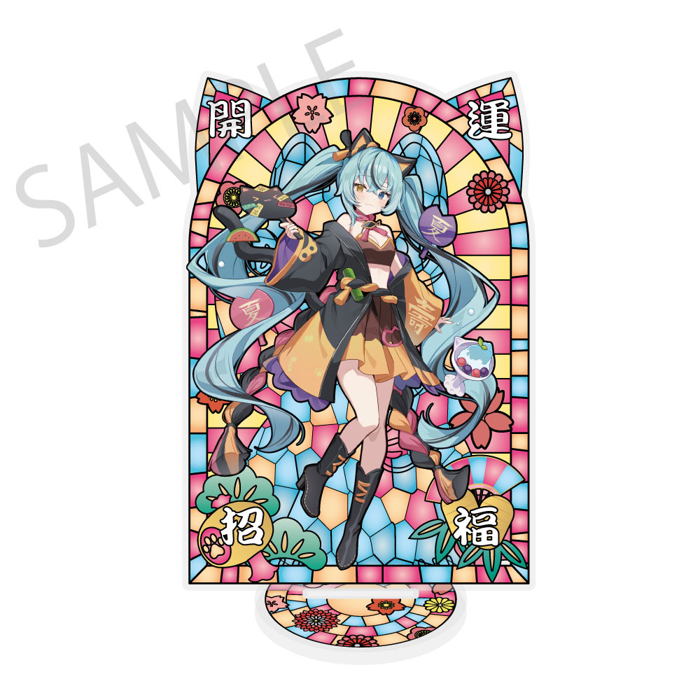 Hatsune Miku x Maneki-neko x Midsummer in Kumagaya Stained Glass Style Material Processing Acrylic Stand Hatsune Miku Black Cat Art by Icomochi