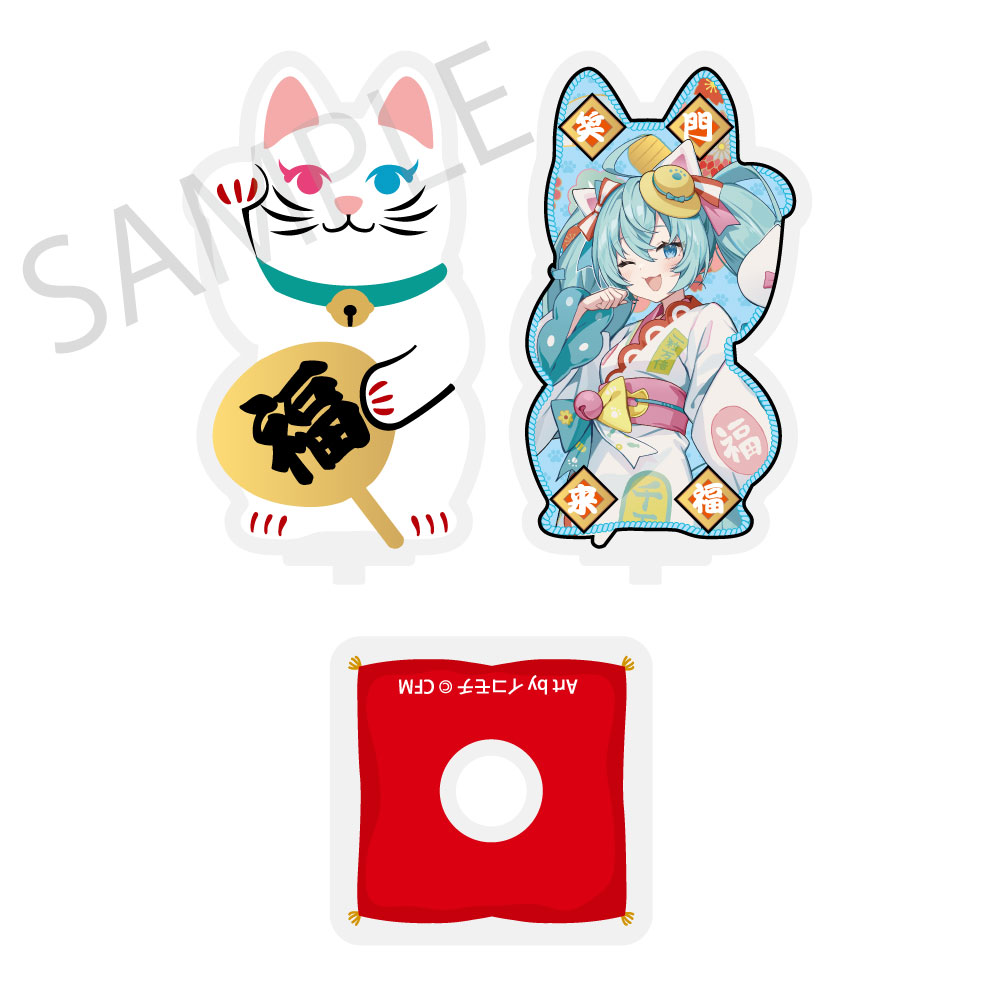Hatsune Miku x Maneki-neko x Midsummer in Kumagaya Rotating Die-cut Acrylic Stand Hatsune Miku White Cat Art by Icomochi