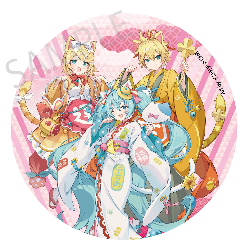 Hatsune Miku x Maneki-neko x Midsummer in Kumagaya Mega Can Badge Stand Hatsune Miku White Cat / Kagamine Rin & Len Art by Icomochi
