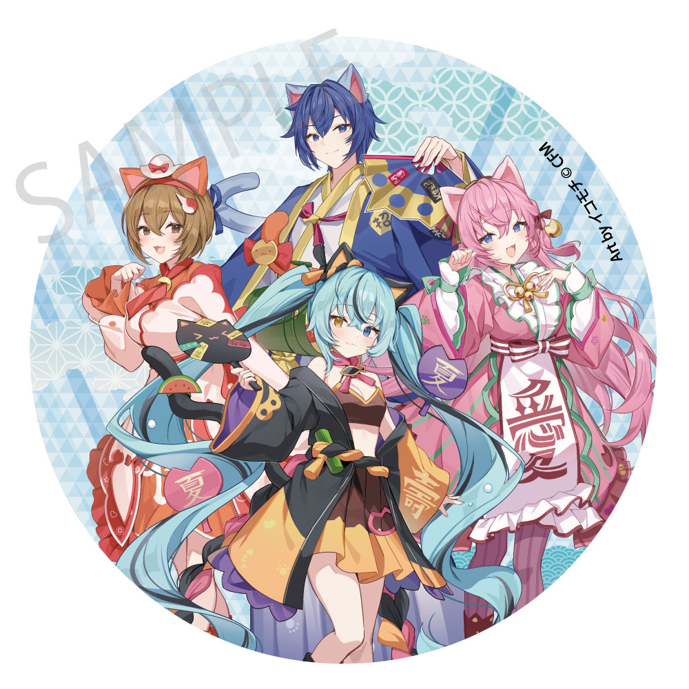 Hatsune Miku x Maneki-neko x Midsummer in Kumagaya Mega Can Badge Stand Hatsune Miku Black Cat / Megurine Luka / MEIKO / KAITO Art by Icomochi