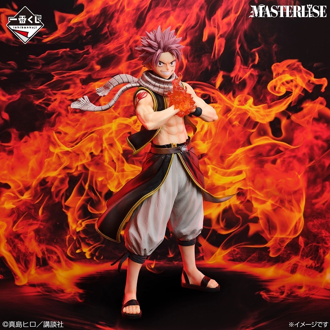 Ichiban Kuji Fairy Tail 20th Anniversary A prize Natsu Dragneel MASTERLISE figure with flame effect against a fiery background