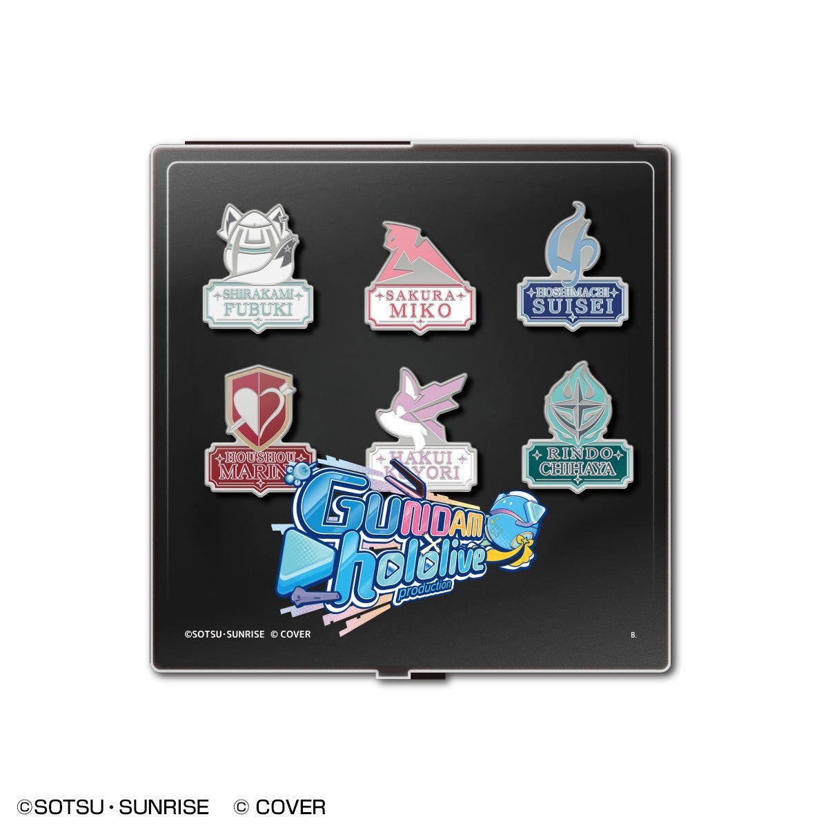 STRICT-G x hololive production emblem pin set with six metal pins in a black display case