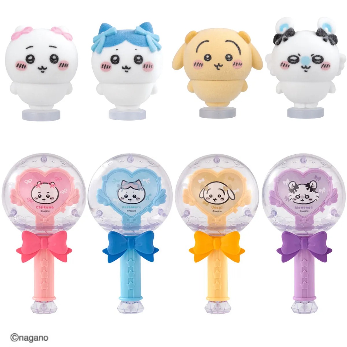 Chiikawa Fluffy Flocky Dolls in a row above the four Capsule Sticks in matching colours, on a white background