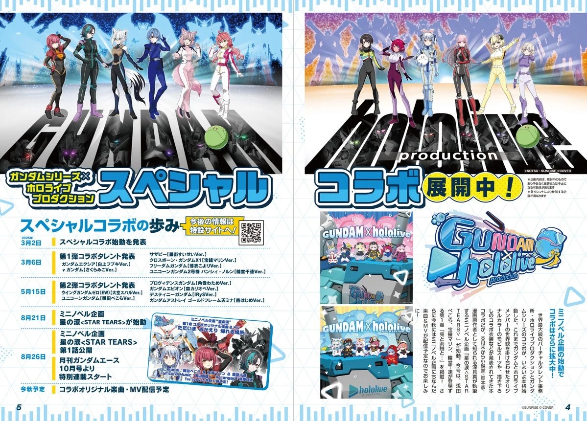 Gundam Ace November 2026 opening feature spread on the GUNDAM x hololive special collaboration timeline