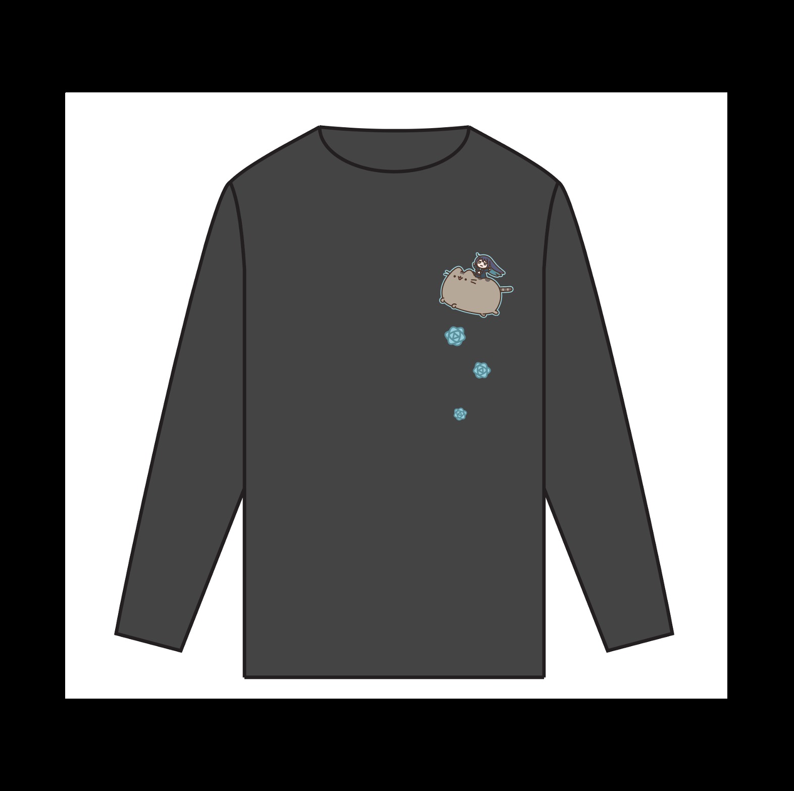 Charcoal grey Ado x Pusheen long-sleeve T-shirt with a small embroidered Pusheen and blue rose design on the chest