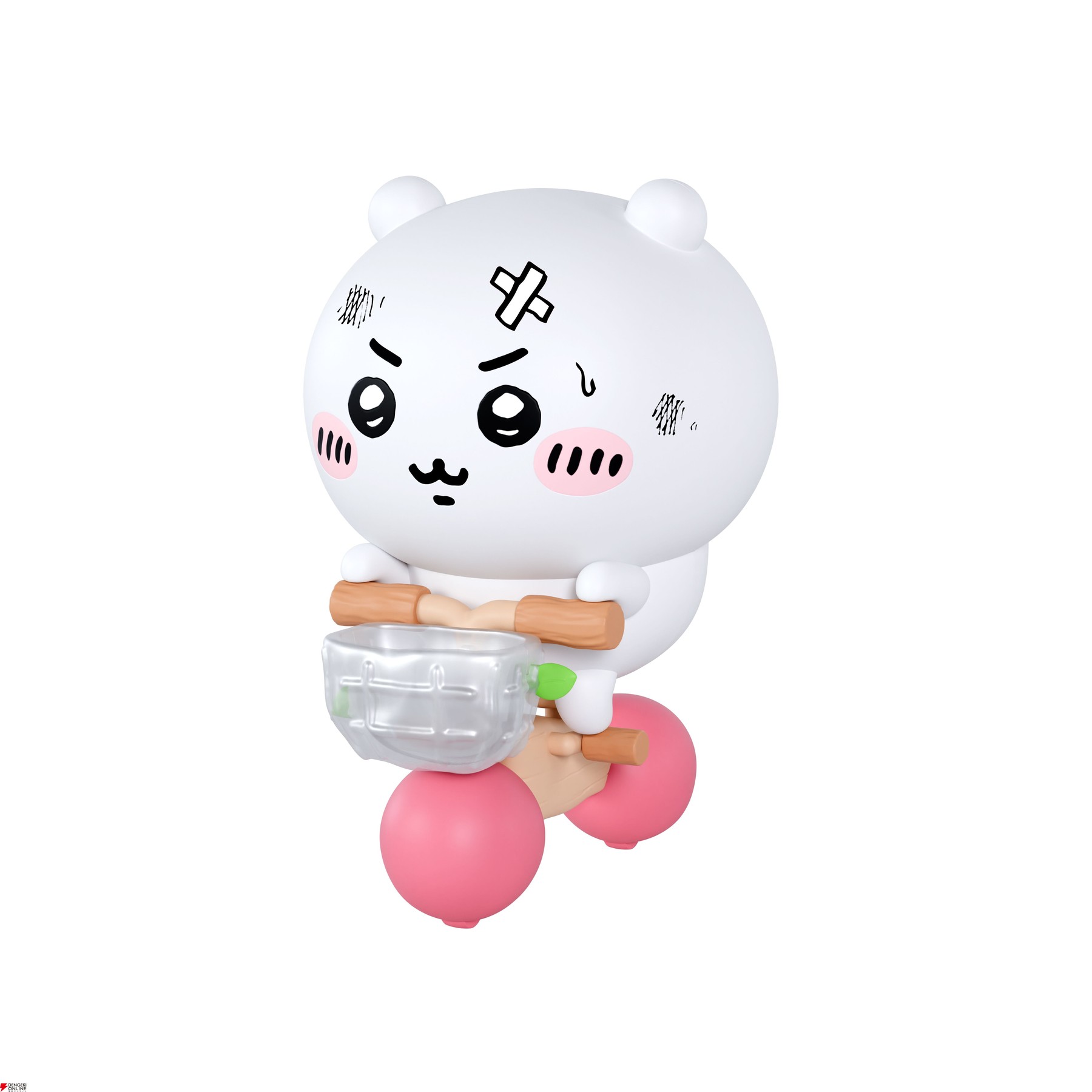 Chii-Pura Chiikawa and Bicycle plastic kit showing Chiikawa with a scuffed, determined face and sweat drop, holding wooden-look handlebars with a clear basket and pink ball wheels