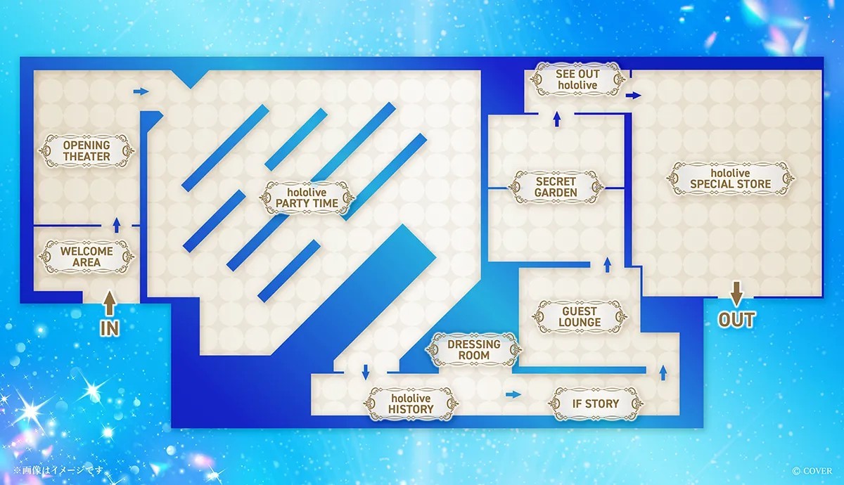 Illustrated floor plan of the hololive Grand Reception exhibition at Tokyo Dream Park